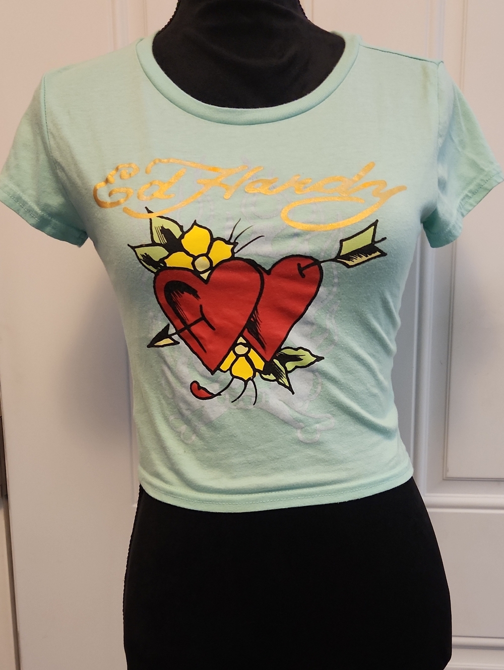 Ed Hardy Mint Green Crop Tee with Arrow through the Heart Graphic